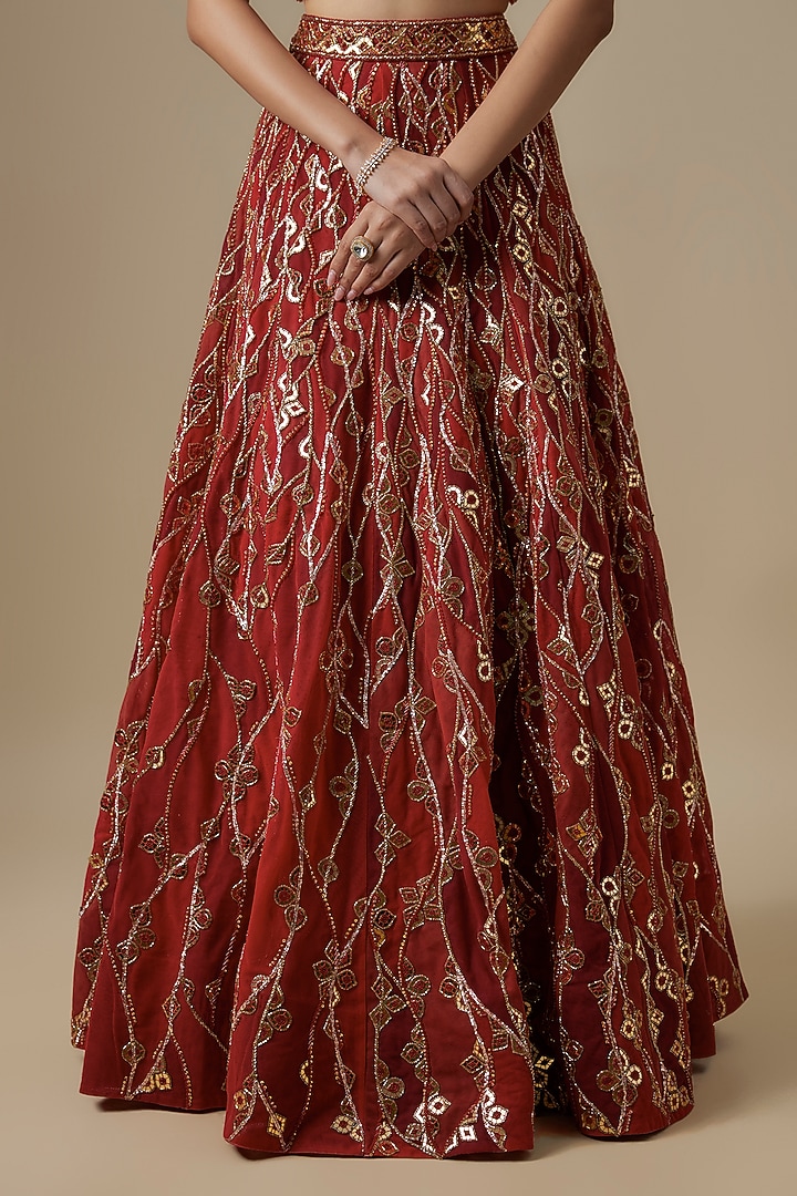 Red Satin & Net Salli Hand Work Bridal Lehenga Set by V. Bridals at Pernia's Pop Up Shop