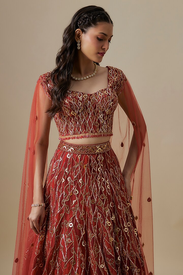 Red Satin & Net Salli Hand Work Bridal Lehenga Set by V. Bridals at Pernia's Pop Up Shop
