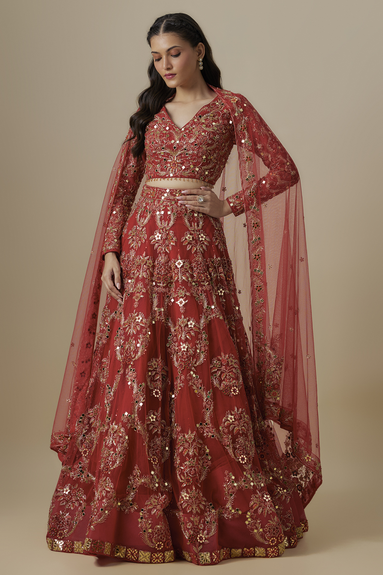 Red Satin & Net Salli Work Bridal Lehenga Set by V. Bridals at Pernia's Pop Up Shop