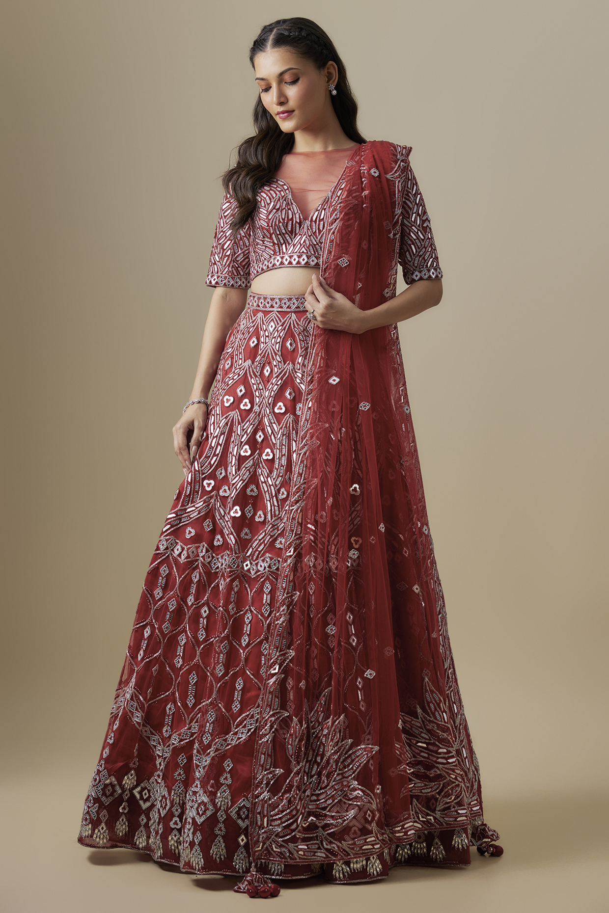 Red Satin & Net Cutdana Work Bridal Lehenga Set by V. Bridals at Pernia's Pop Up Shop