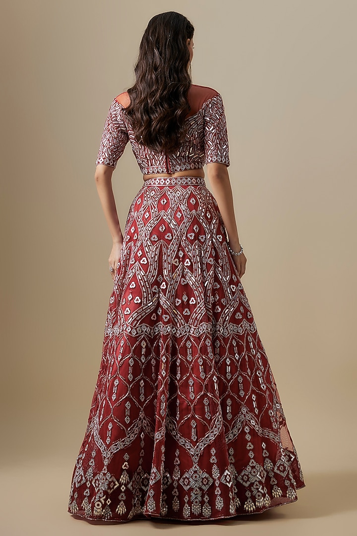 Red Satin & Net Cutdana Work Bridal Lehenga Set by V. Bridals at Pernia's Pop Up Shop