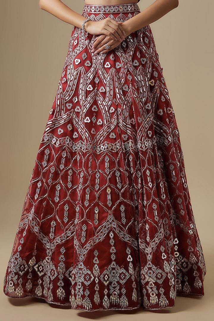Red Satin & Net Cutdana Work Bridal Lehenga Set by V. Bridals at Pernia's Pop Up Shop