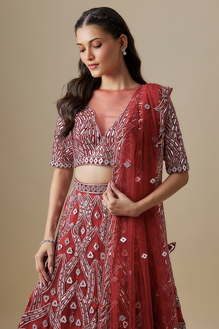 Red Satin & Net Cutdana Work Bridal Lehenga Set by V. Bridals at Pernia's Pop Up Shop
