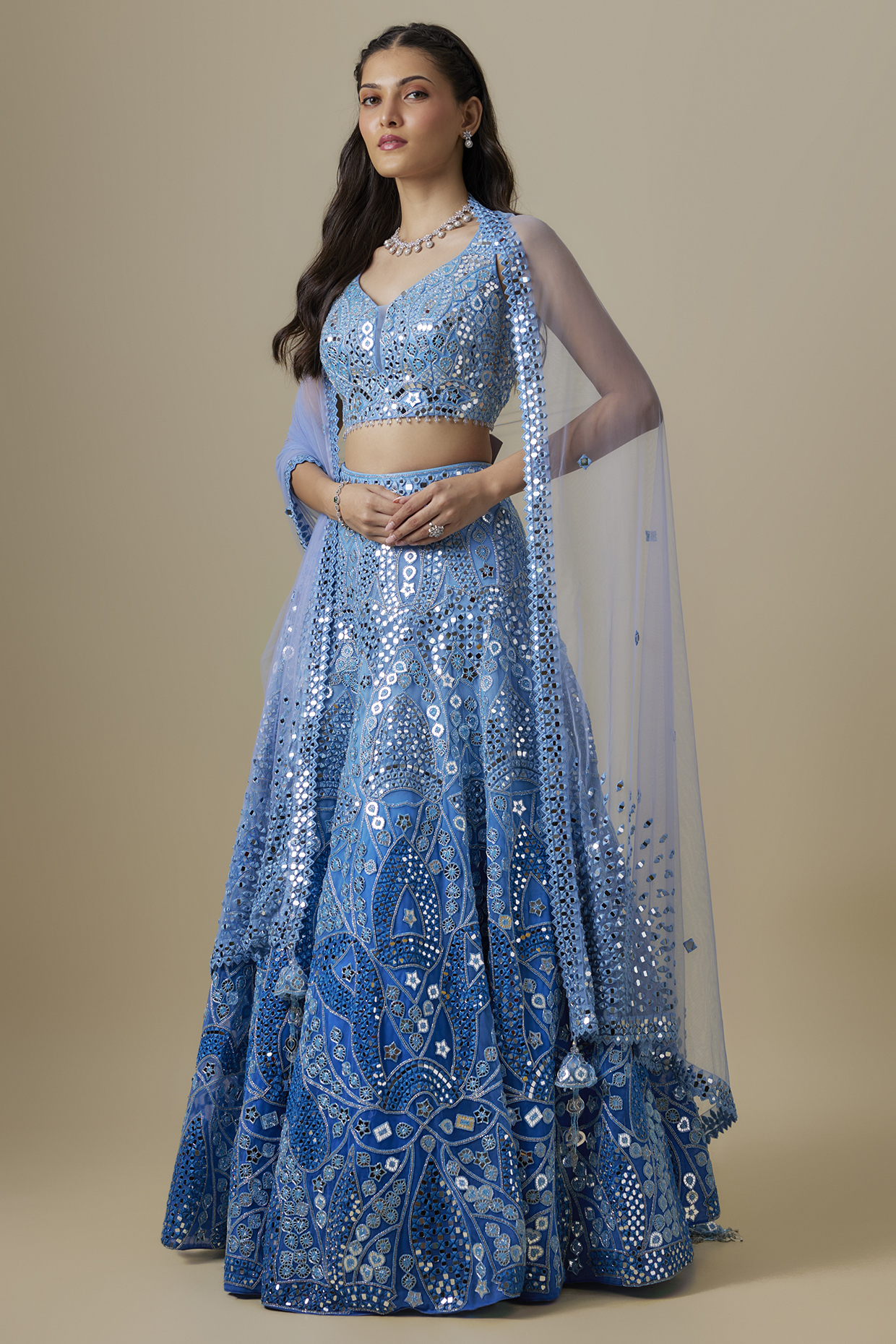 Celestial Blue Satin & Net Cutdana Work Bridal Lehenga Set by V. Bridals at Pernia's Pop Up Shop