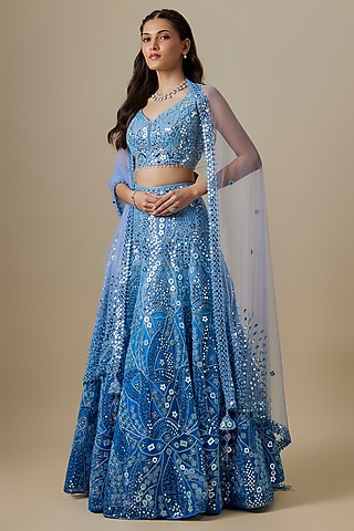 Celestial Blue Satin & Net Cutdana Work Lehenga Set by V. Bridals