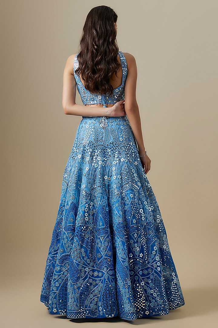 Celestial Blue Satin & Net Cutdana Work Bridal Lehenga Set by V. Bridals at Pernia's Pop Up Shop