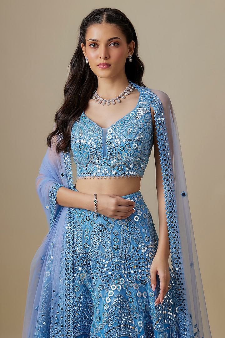 Celestial Blue Satin & Net Cutdana Work Bridal Lehenga Set by V. Bridals at Pernia's Pop Up Shop