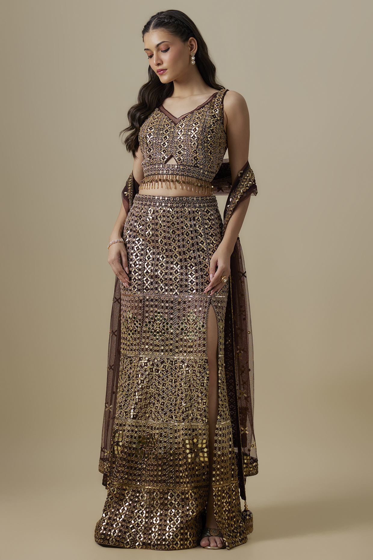 Brown Satin & Net Sequins Work Bridal Lehenga Set by V. Bridals at Pernia's Pop Up Shop
