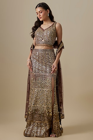 Brown Satin & Net Sequins Work Lehenga Set by V. Bridals