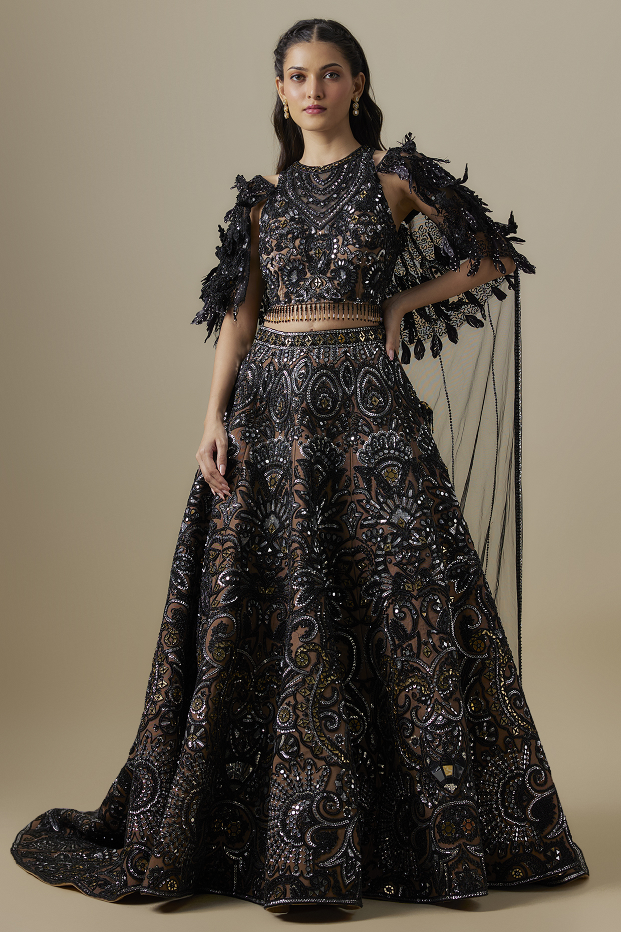 Black Net & Satin Sequins Embroidered Bridal Lehenga Set by V. Bridals at Pernia's Pop Up Shop