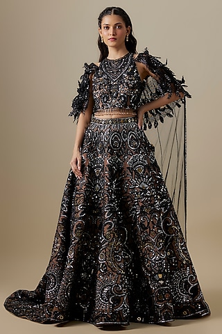 Black Net & Satin Sequins Embroidered Lehenga Set by V. Bridals