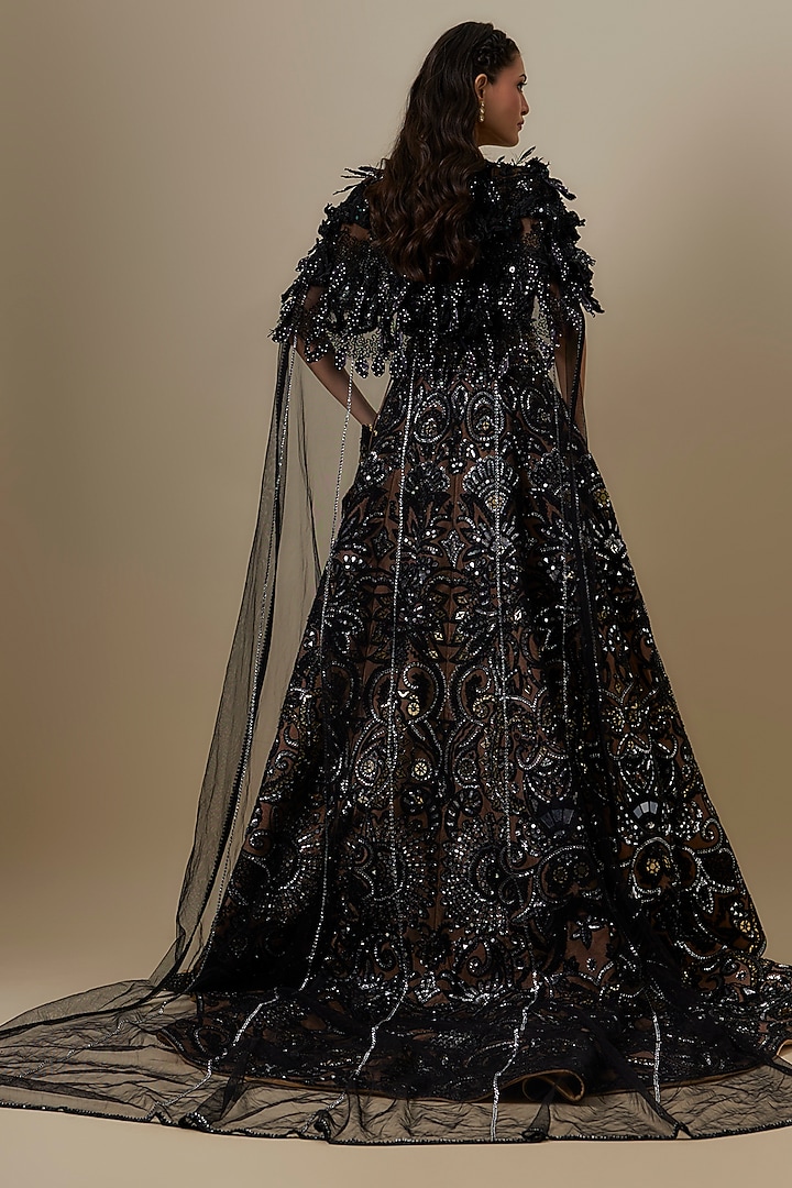 Black Net & Satin Sequins Embroidered Bridal Lehenga Set by V. Bridals at Pernia's Pop Up Shop