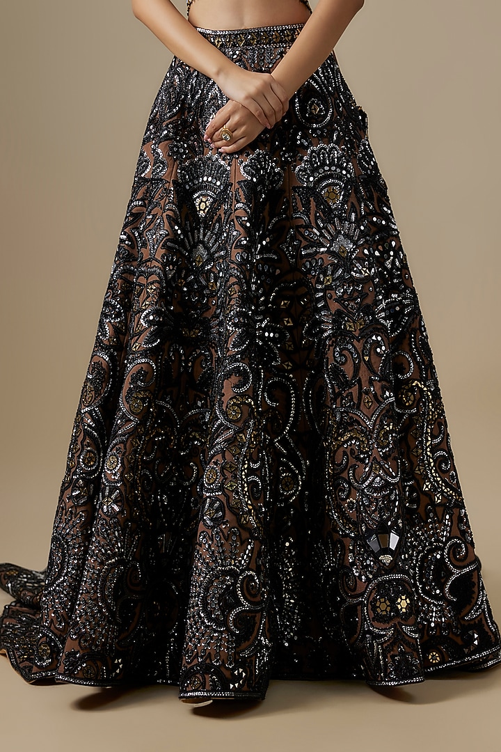 Black Net & Satin Sequins Embroidered Bridal Lehenga Set by V. Bridals at Pernia's Pop Up Shop