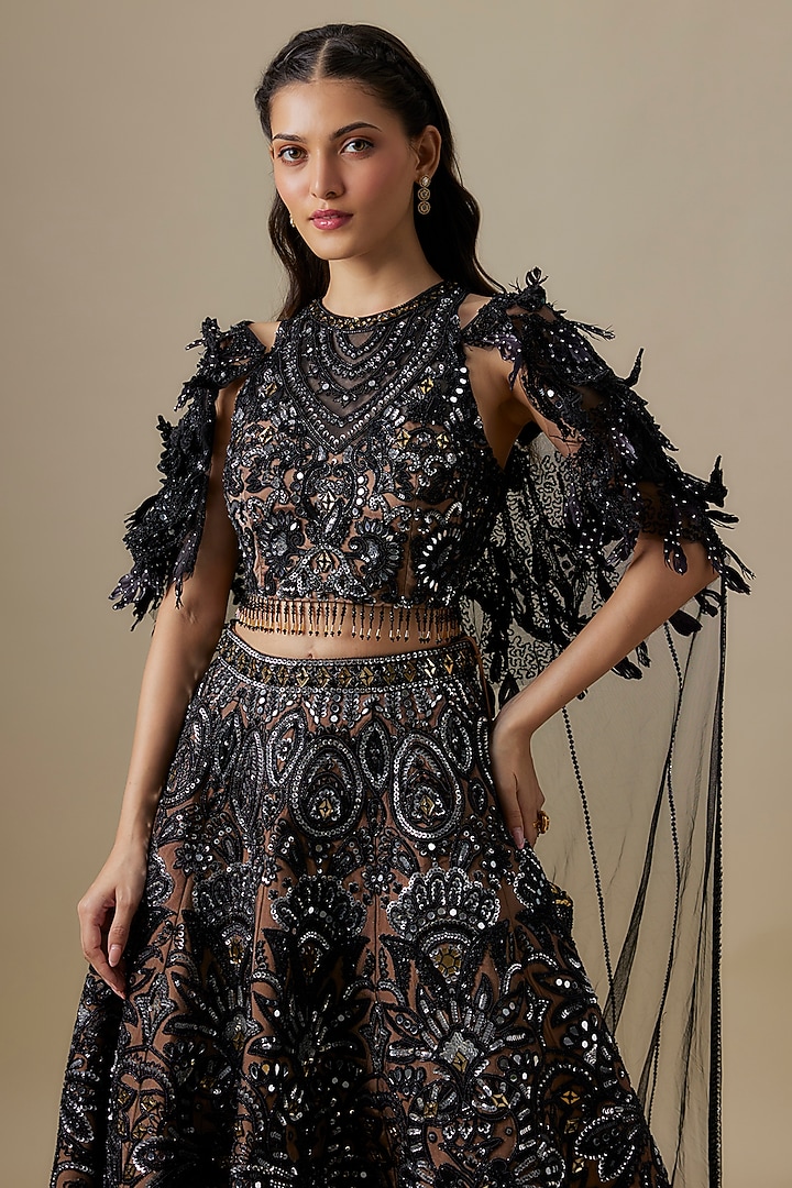 Black Net & Satin Sequins Embroidered Bridal Lehenga Set by V. Bridals at Pernia's Pop Up Shop