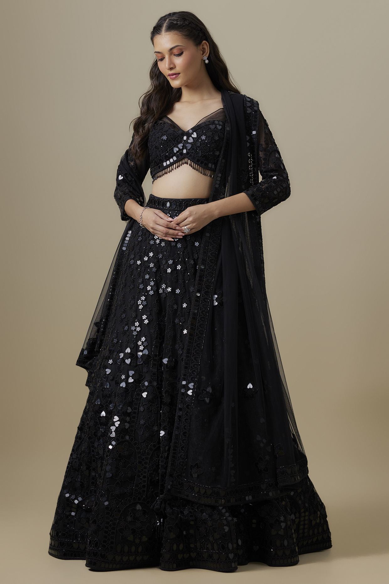 Black Net & Satin Sequins Work Bridal Lehenga Set by V. Bridals at Pernia's Pop Up Shop