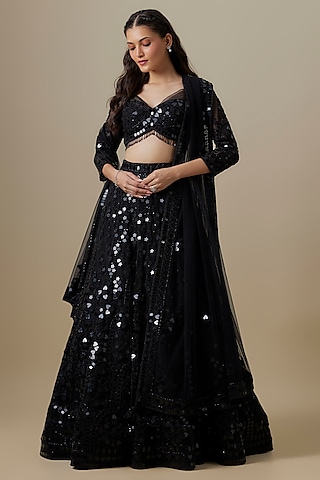 Black Net & Satin Sequins Work Lehenga Set by V. Bridals