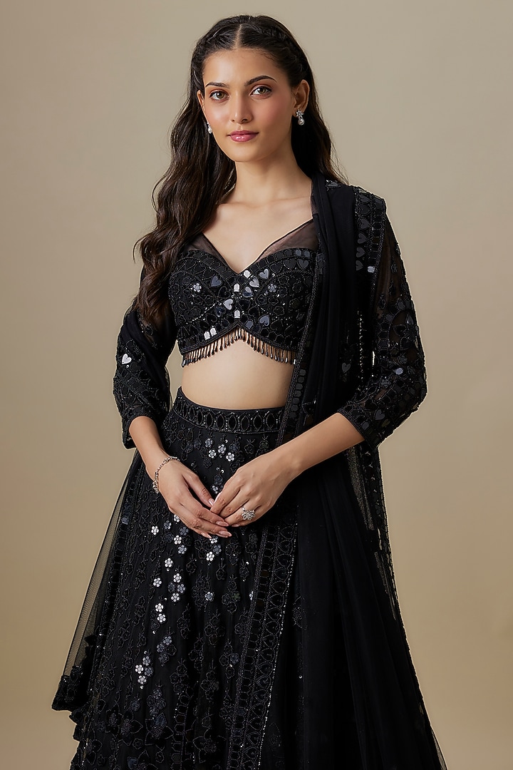 Black Net & Satin Sequins Work Bridal Lehenga Set by V. Bridals at Pernia's Pop Up Shop