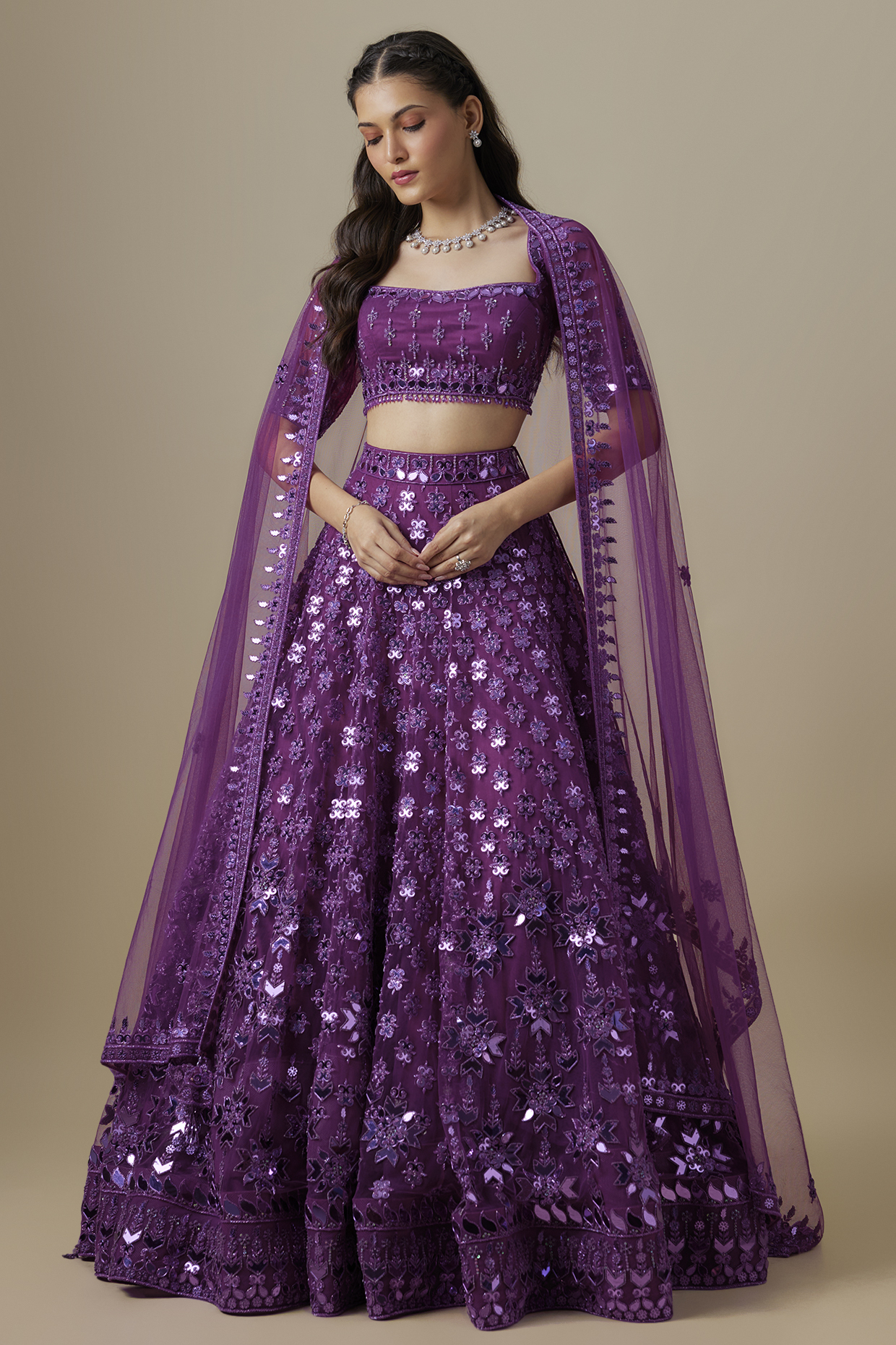 Magenta Pink Satin & Net Sequins Work Bridal Lehenga Set by V. Bridals at Pernia's Pop Up Shop