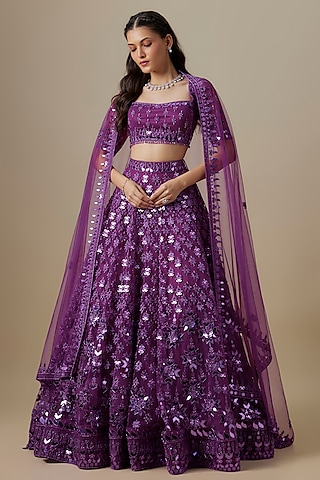 Magenta Pink Satin & Net Sequins Work Lehenga Set by V. Bridals