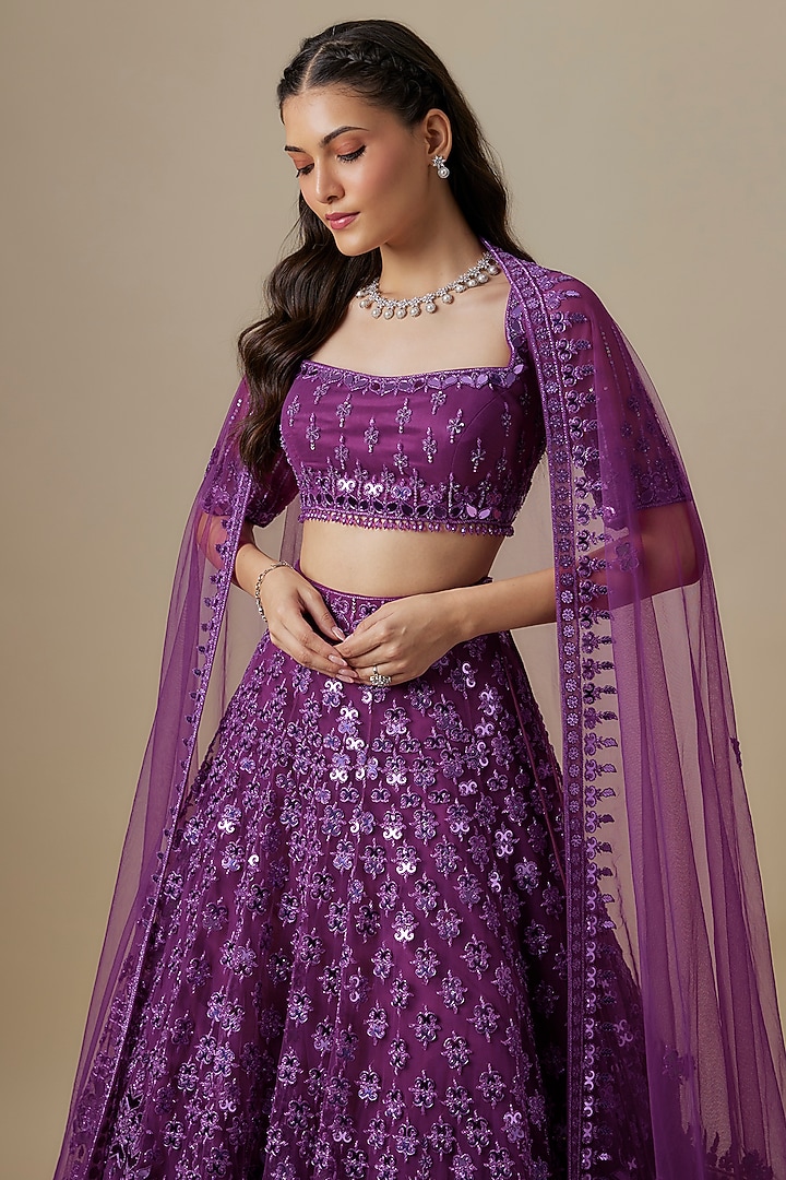 Magenta Pink Satin & Net Sequins Work Bridal Lehenga Set by V. Bridals at Pernia's Pop Up Shop