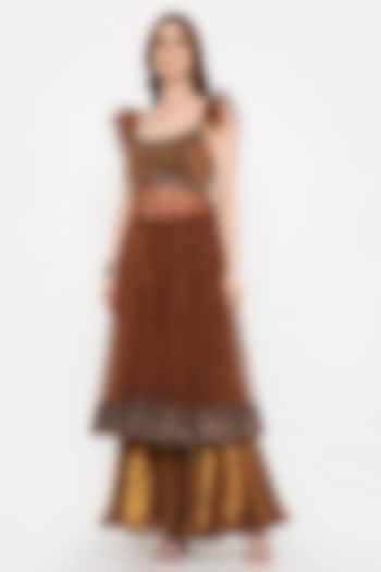 Copper Brown Marble Tissue & Net Sequin Embellished Wedding Anarkali Set by V. Bridals at Pernia's Pop Up Shop