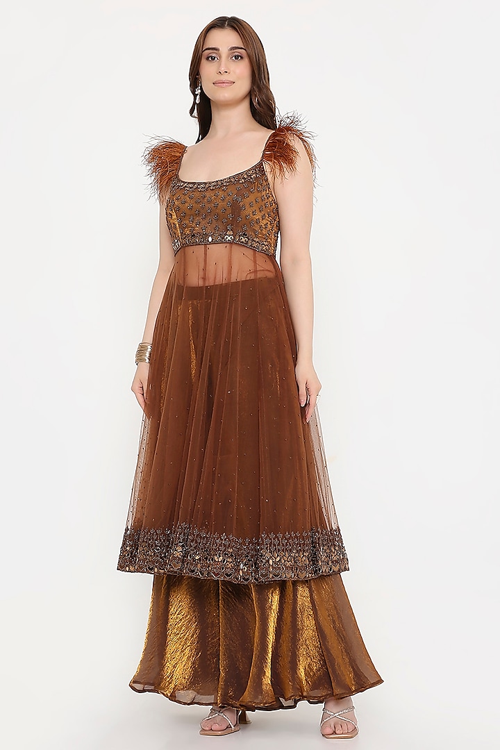 Copper Brown Marble Tissue & Net Sequin Embellished Wedding Anarkali Set by V. Bridals at Pernia's Pop Up Shop