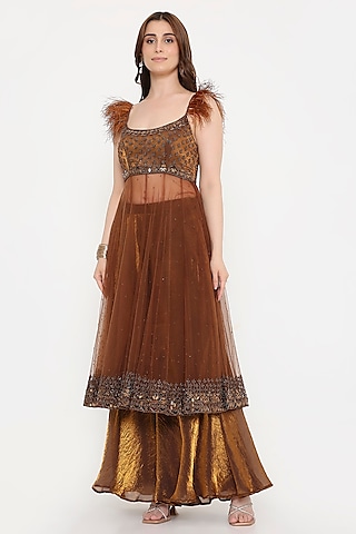 Copper Brown Marble Tissue & Net Sequin Embellished Anarkali Set by V. Bridals
