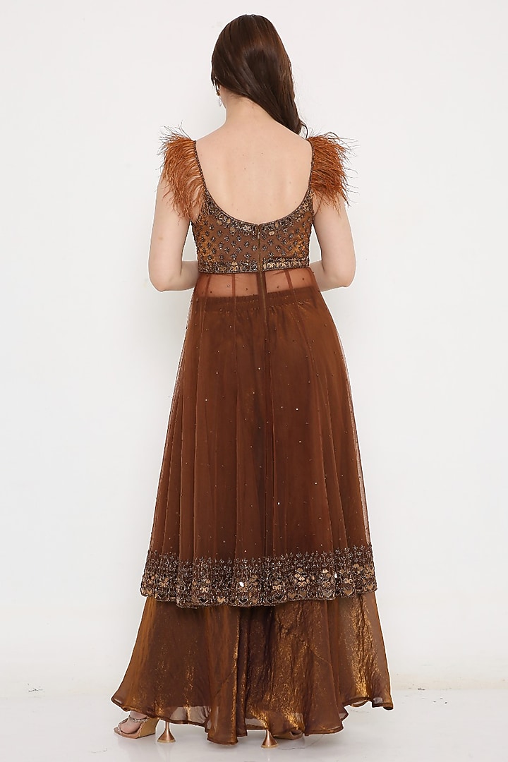Copper Brown Marble Tissue & Net Sequin Embellished Wedding Anarkali Set by V. Bridals at Pernia's Pop Up Shop
