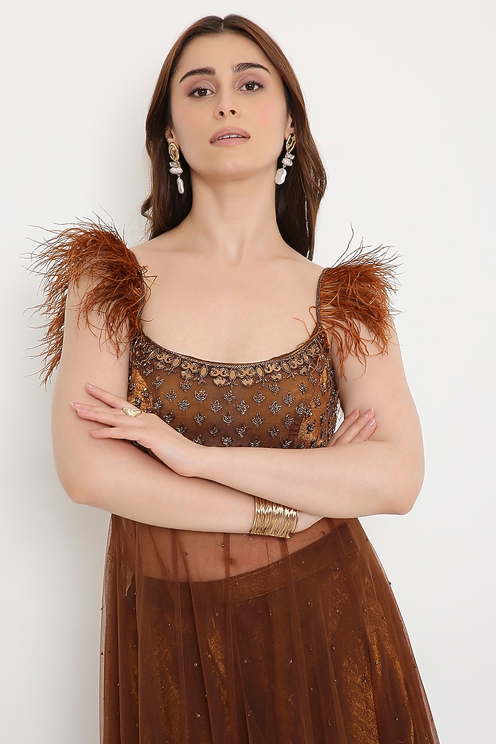 Copper Brown Marble Tissue & Net Sequin Embellished Wedding Anarkali Set by V. Bridals at Pernia's Pop Up Shop