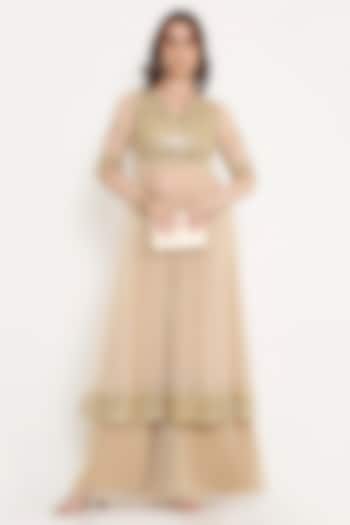 Ivory Marble Tissue & Net Sequin Embellished Wedding Anarkali Set by V. Bridals at Pernia's Pop Up Shop