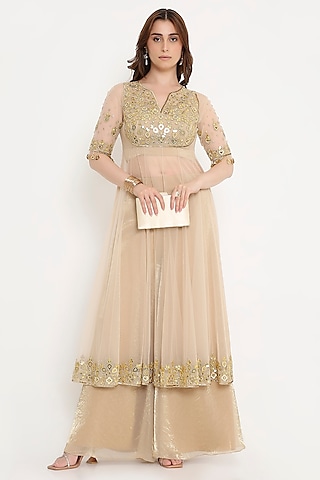 Ivory Marble Tissue & Net Sequin Embellished Anarkali Set by V. Bridals