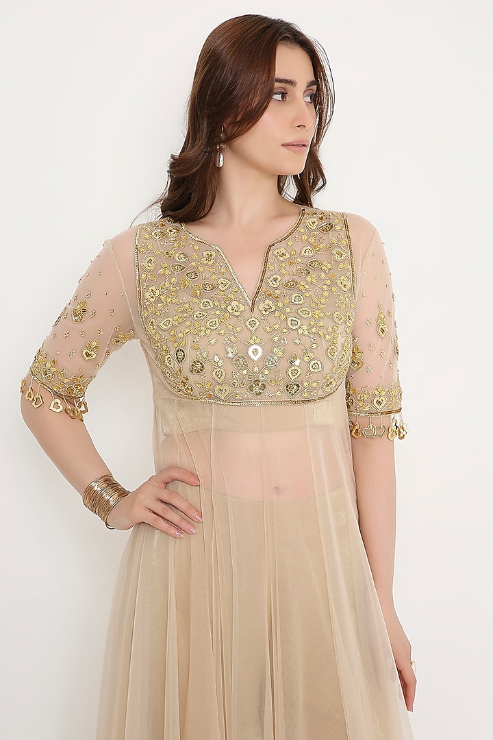 Ivory Marble Tissue & Net Sequin Embellished Wedding Anarkali Set by V. Bridals at Pernia's Pop Up Shop