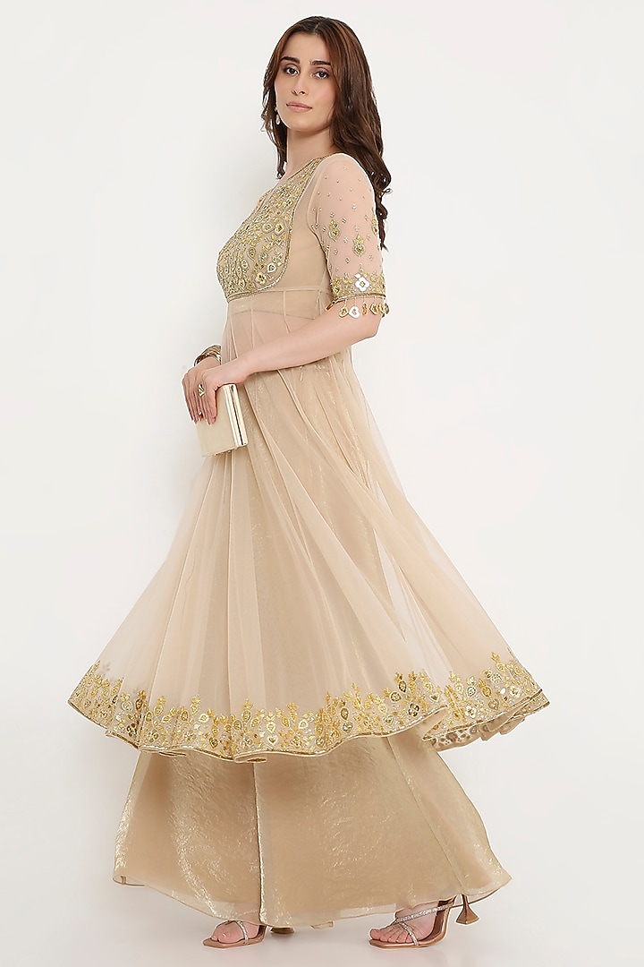 Ivory Marble Tissue & Net Sequin Embellished Wedding Anarkali Set by V. Bridals at Pernia's Pop Up Shop