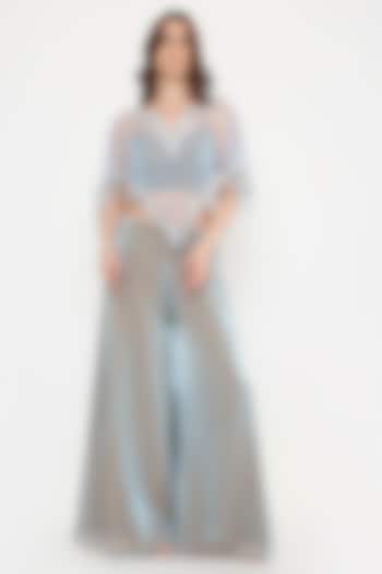 Greyish-Blue Marble Tissue & Net Palazzo Pant Set by V. Bridals at Pernia's Pop Up Shop