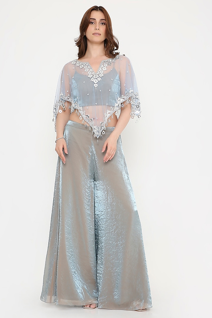 Greyish-Blue Marble Tissue & Net Palazzo Pant Set by V. Bridals at Pernia's Pop Up Shop