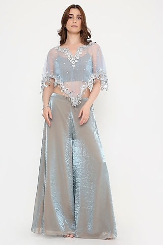 Greyish-Blue Marble Tissue & Net Palazzo Pant Set by V. Bridals