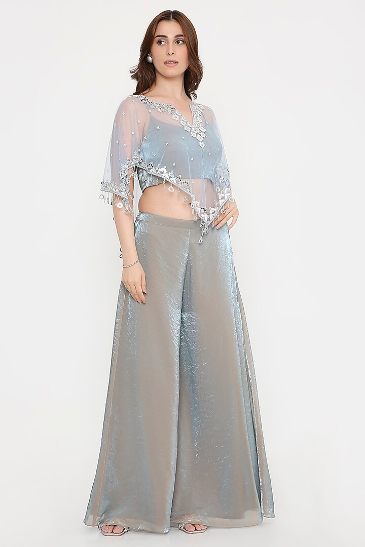 Greyish-Blue Marble Tissue & Net Palazzo Pant Set by V. Bridals at Pernia's Pop Up Shop