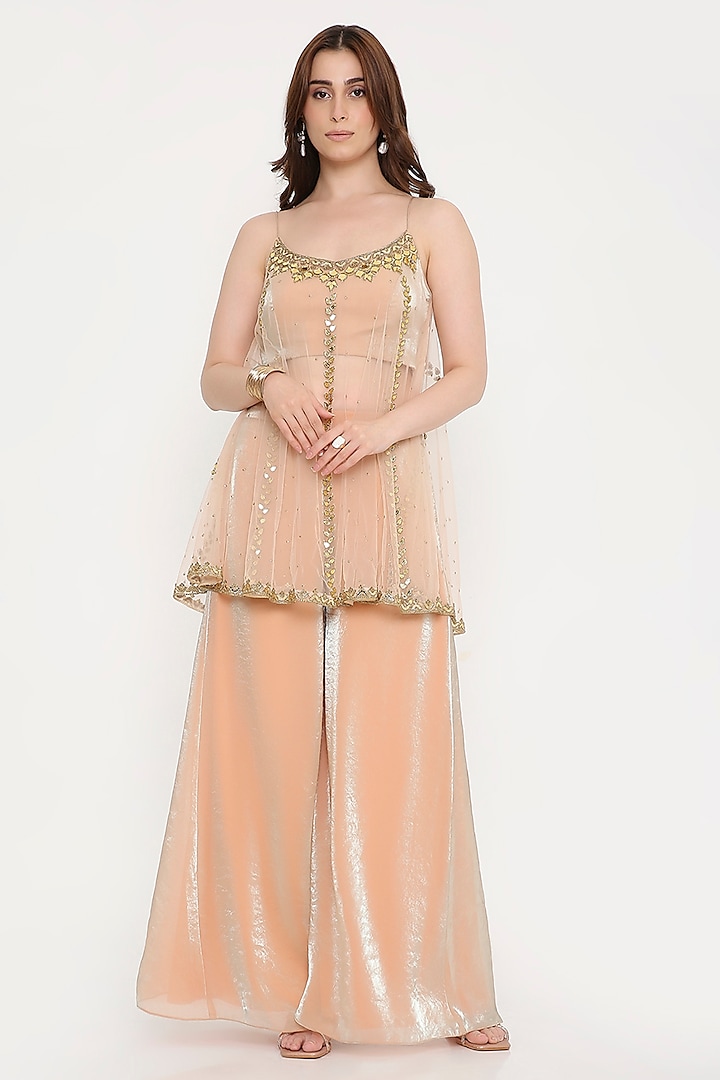 Peach Marble Tissue & Net Palazzo Pant Set by V. Bridals at Pernia's Pop Up Shop