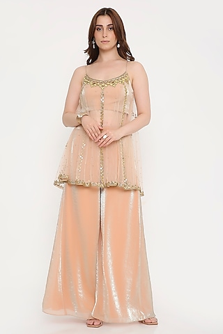 Peach Marble Tissue & Net Palazzo Pant Set by V. Bridals
