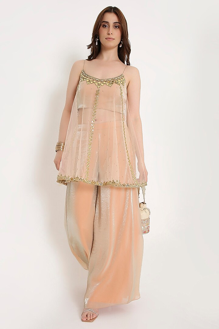 Peach Marble Tissue & Net Palazzo Pant Set by V. Bridals at Pernia's Pop Up Shop