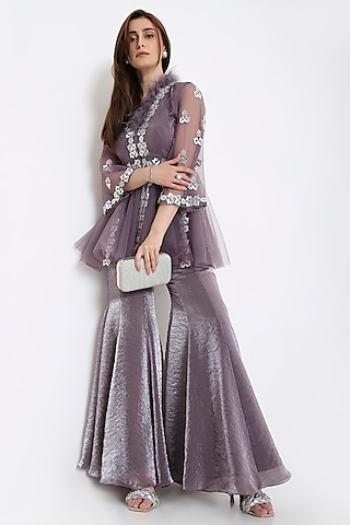 Purple Marble Tissue & Net Sharara Set by V. Bridals