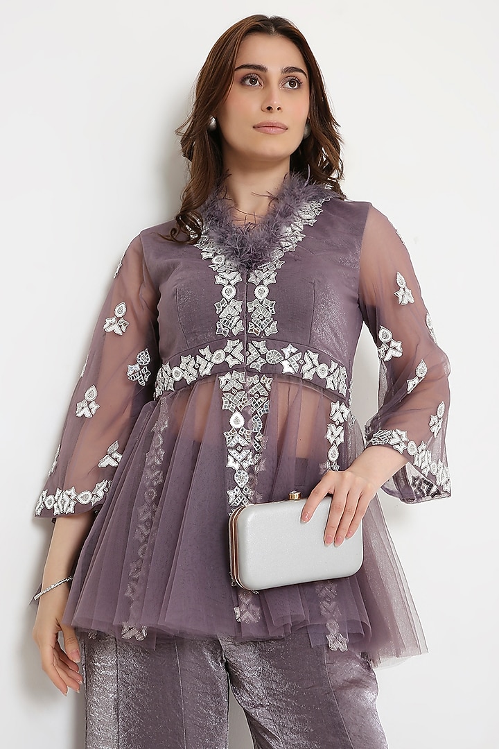 Purple Marble Tissue & Net Wedding Sharara Set by V. Bridals at Pernia's Pop Up Shop