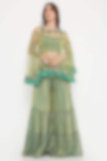 Green Marble Tissue & Net Palazzo Pant Set by V. Bridals at Pernia's Pop Up Shop