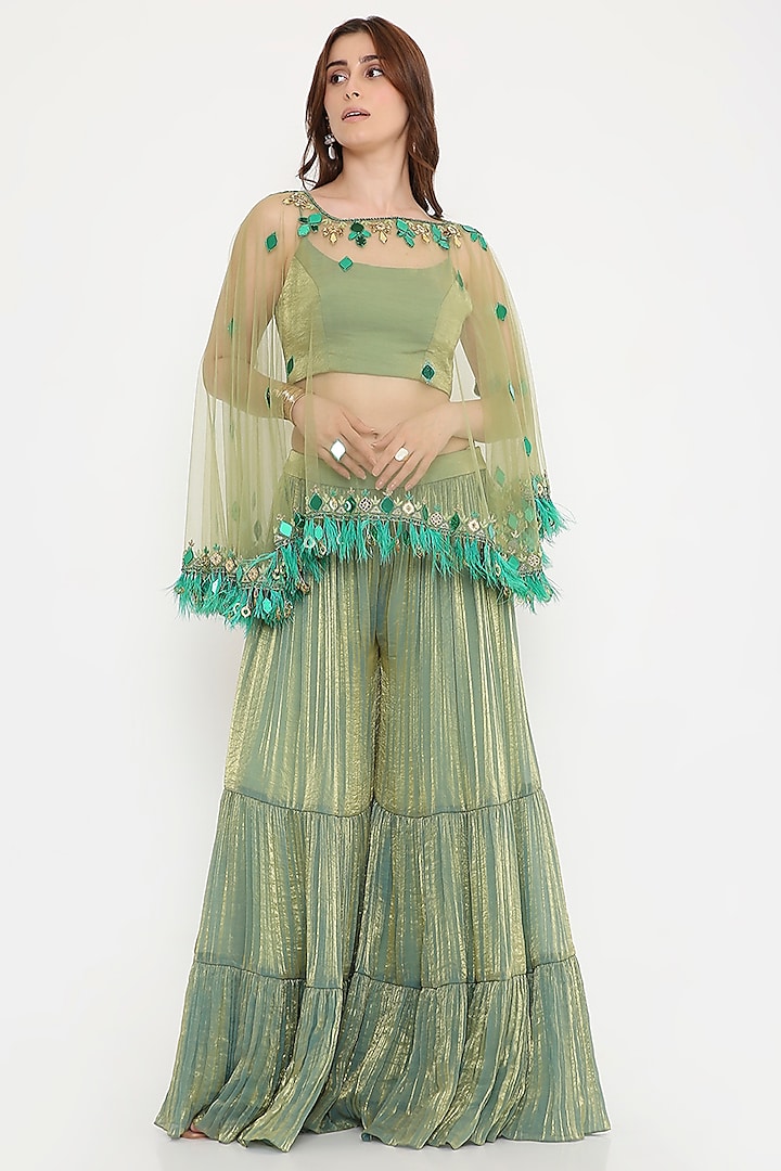Green Marble Tissue & Net Palazzo Pant Set by V. Bridals at Pernia's Pop Up Shop
