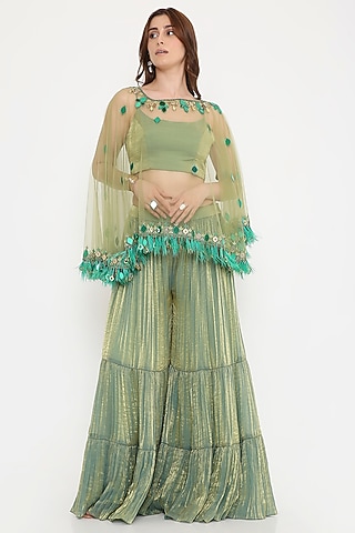 Green Marble Tissue & Net Palazzo Pant Set by V. Bridals