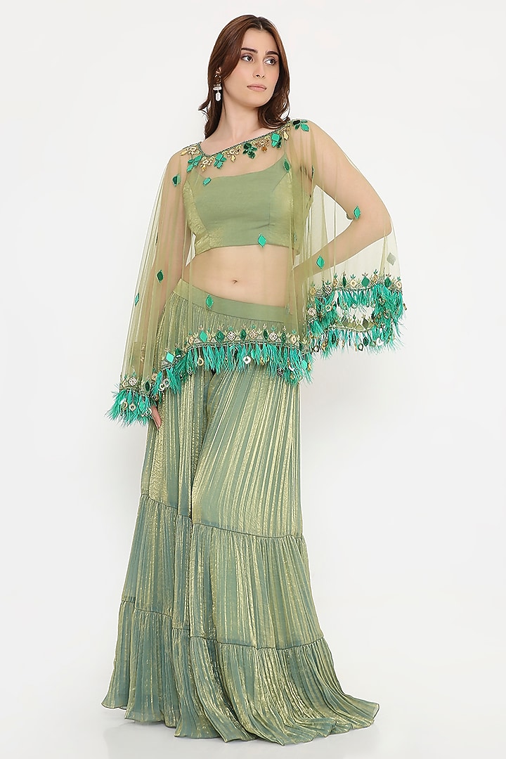 Green Marble Tissue & Net Palazzo Pant Set by V. Bridals at Pernia's Pop Up Shop