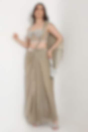 Mint Green Marble Tissue & Net Pre-Draped Party Wear Saree Set by V. Bridals at Pernia's Pop Up Shop