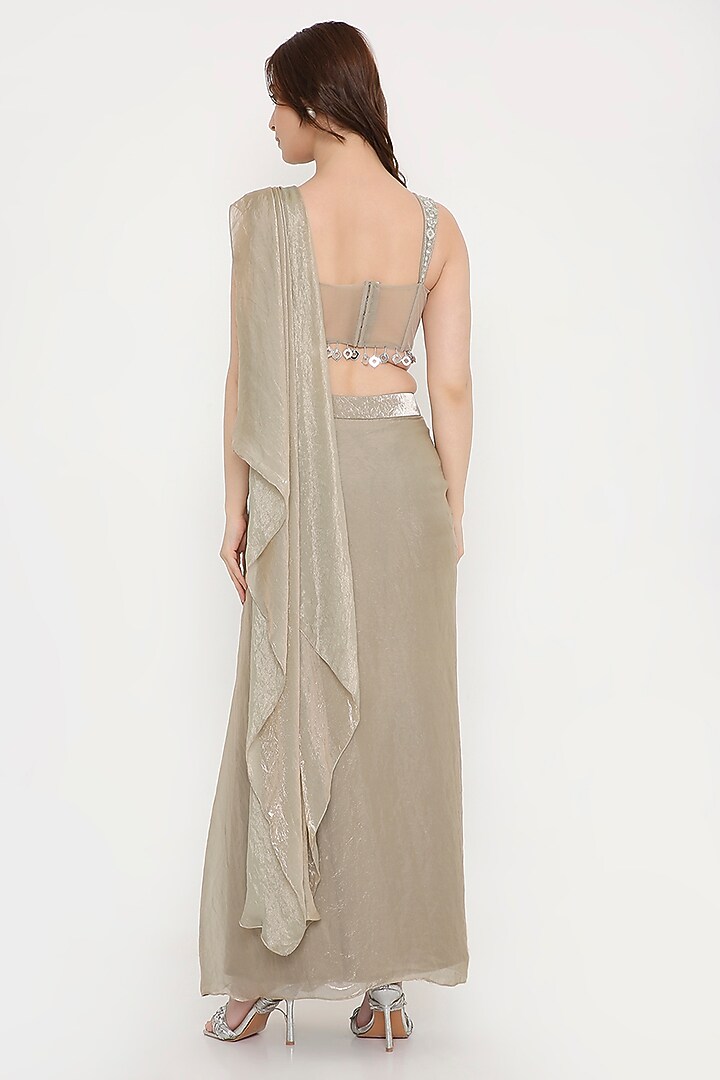 Mint Green Marble Tissue & Net Pre-Draped Party Wear Saree Set by V. Bridals at Pernia's Pop Up Shop