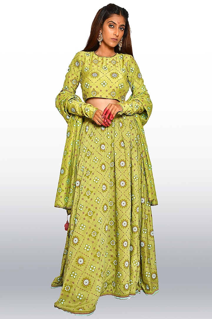 Leaf Green Hand Embroidered Skirt Set by Vaibhavi & Sejal