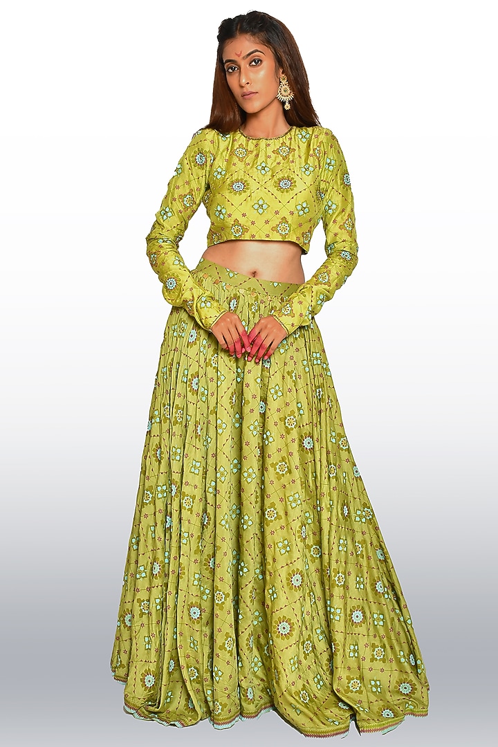 Leaf Green Hand Embroidered Skirt Set by Vaibhavi & Sejal at Pernia's Pop Up Shop